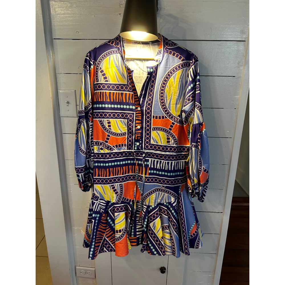 Lavender J Womens Scarf Print‎ Mini Dress Blue Orange Geometric Ruffle Hem Small
